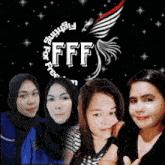four women are posing for a picture in front of a fighting for free logo