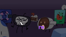 a group of cartoon characters are standing in a dark room and the word nooo is written in purple