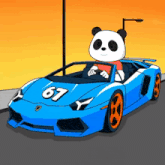 a cartoon panda is driving a blue sports car with the number 67 on it