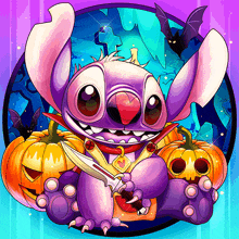 a cartoon of stitch holding a knife in front of pumpkins