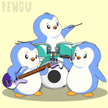 a cartoon of three penguins playing drums and a guitar with the word pengu behind them