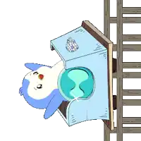 a cartoon penguin is sitting on a table with a hourglass on it