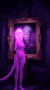 a naked woman is standing in front of a painting of a monster