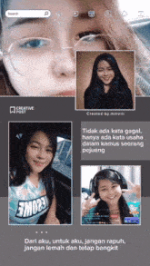 a screenshot of a girl 's face with the words " tidak ada kata gagal " at the top