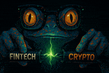 a frog with glasses is holding a coin that says fintech and crypto
