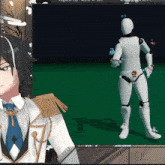 a screenshot of a video game shows a character and a robot with the letters azeru on their sleeves