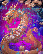 a painting of a dragon on a purple and blue background