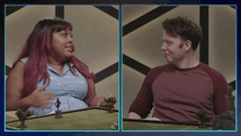a man and a woman are sitting at a table and the woman is saying i don 't
