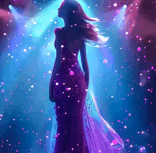 a woman in a long purple dress is standing in front of a stage surrounded by purple lights .