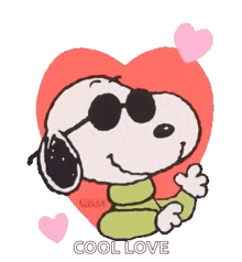snoopy wearing sunglasses and a green sweater is sitting in front of a heart .