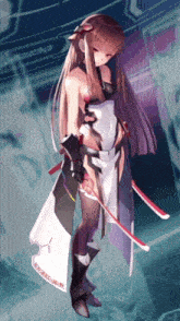 a girl with long hair is holding a sword with the word excelsior written on the sleeve