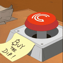 a cartoon drawing of a button that says buy the dip on a piece of paper