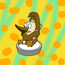 a cartoon of a duck taking a bath in a bowl