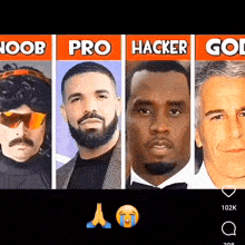a group of men are standing next to each other with the words noob pro hacker and go