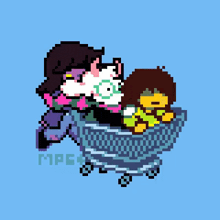 a pixel art of a person pushing a shopping cart with a cat and a dog .