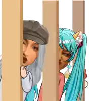 a cartoon drawing of two girls peeking through a fence