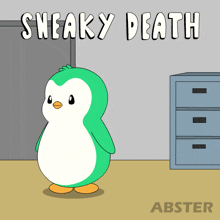 a cartoon penguin laying on the floor with the words sneaky death above it