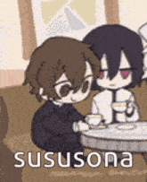 a couple of anime characters are sitting at a table with cups of tea .
