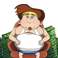 a cartoon of a man sitting in front of a pile of money that says 100