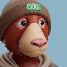 a cartoon bear wearing a beanie with the word okay on it