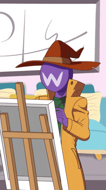 a cartoon character with a purple head and a white w on it