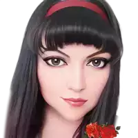 a close up of a woman 's face with red roses in the background