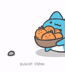 a drawing of a blue cat surrounded by orange circles and a brown object with a cross on it