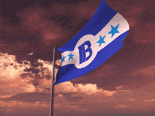 a blue and white flag with the letter b and three stars on it