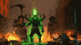 a painting of a demon with horns and a scythe standing in front of a fire .