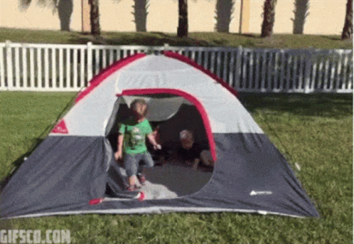 gif of multiple kids getting out of tent and tripping