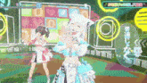 a couple of anime girls are standing next to each other on a stage in a video game .