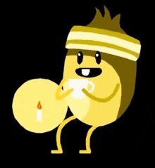 a yellow cartoon character is holding a cup and a candle