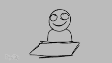 a drawing of a person sitting at a table with a smile on their face