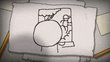 a drawing of a man standing next to a tree on a piece of paper with pencils