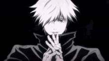a black and white drawing of a person with white hair and a purple lightning bolt behind them .