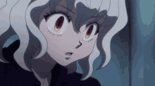 a close up of a cartoon character with white hair