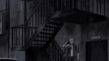 a man wearing a mask is standing in a dark alleyway and talking to a man .