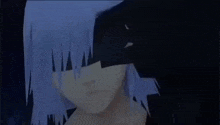 a close up of a person 's face in a video game with blue hair and a black hat .
