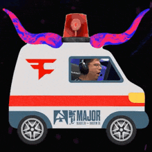 a man is sitting in an ambulance with the word major on it