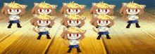 a bunch of cartoon characters with red eyes are standing next to each other