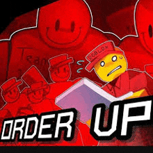 a cartoon of a man holding a book in front of a group of red smiley faces .