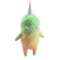 a green and yellow toy with a white horn on its head