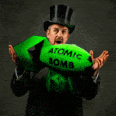 a man in a top hat holds an atomic bomb in his hands