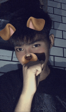 a young man with a dog ear filter on his face