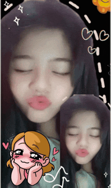 a girl with her eyes closed is surrounded by hearts and a smiley face