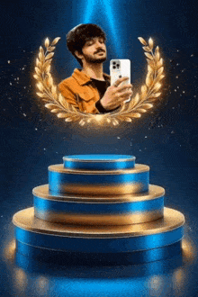 a man is taking a picture of himself on a podium