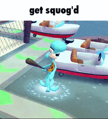 squidward from spongebob squarepants is holding a baseball bat in his hand