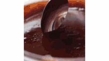 a ladle is being used to pour chocolate sauce into a bowl .