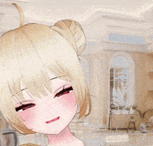 a girl with blonde hair and red eyes is holding a cup of coffee