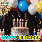 a birthday cake with lit candles and a lucas & friends logo behind it